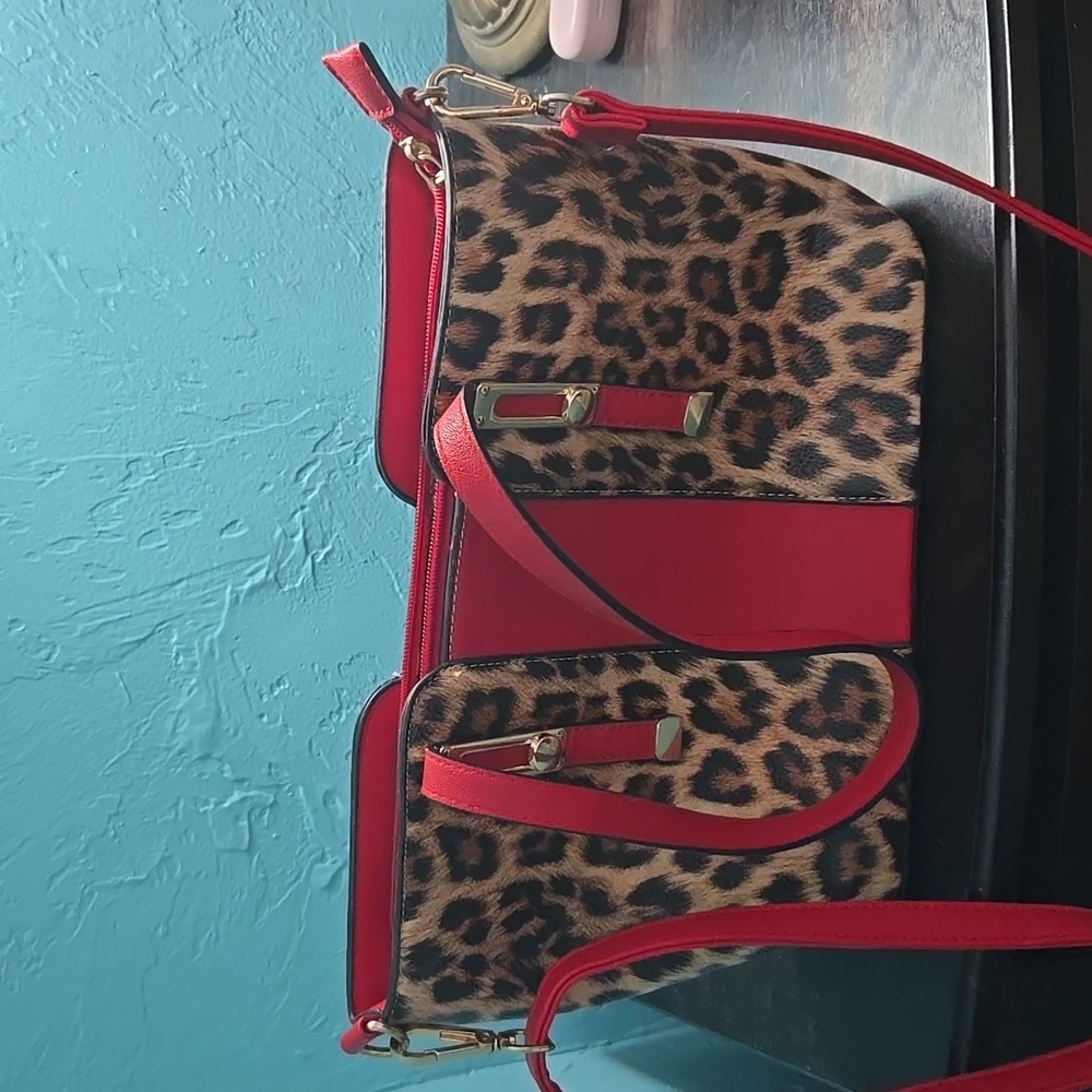 Red & Leopard Print Satchel Purse